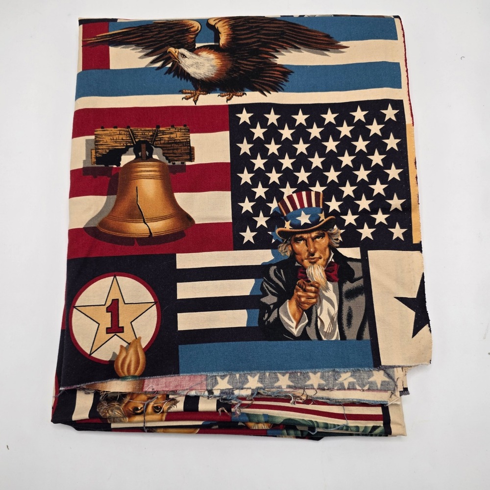 Patriotic Americana Fabric Uncle Sam Liberty Bell Eagle Cotton Remnant